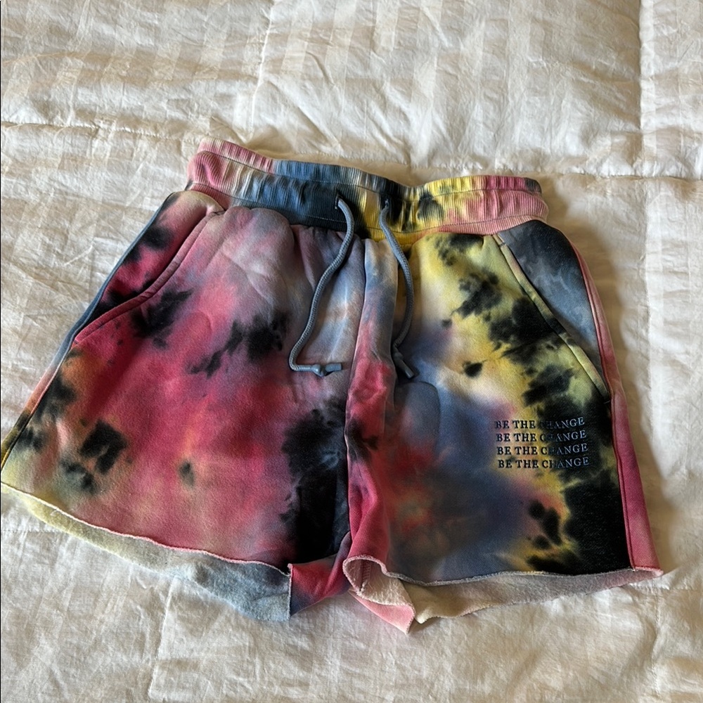 Pink and Blue Athletic Shorts with Tie-Dye Pattern